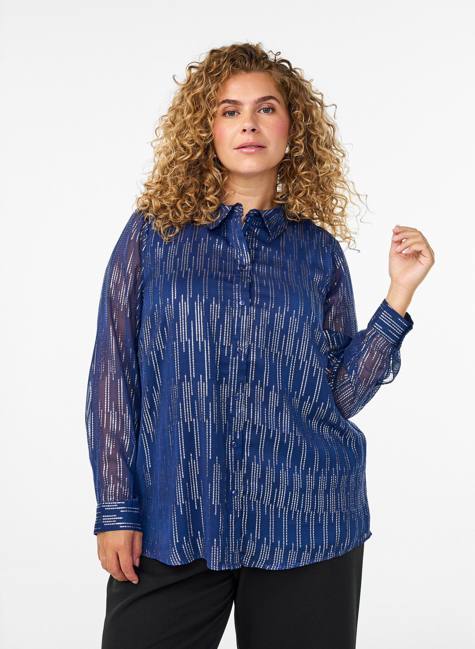 Shirt with glittering pattern, Blue, Model