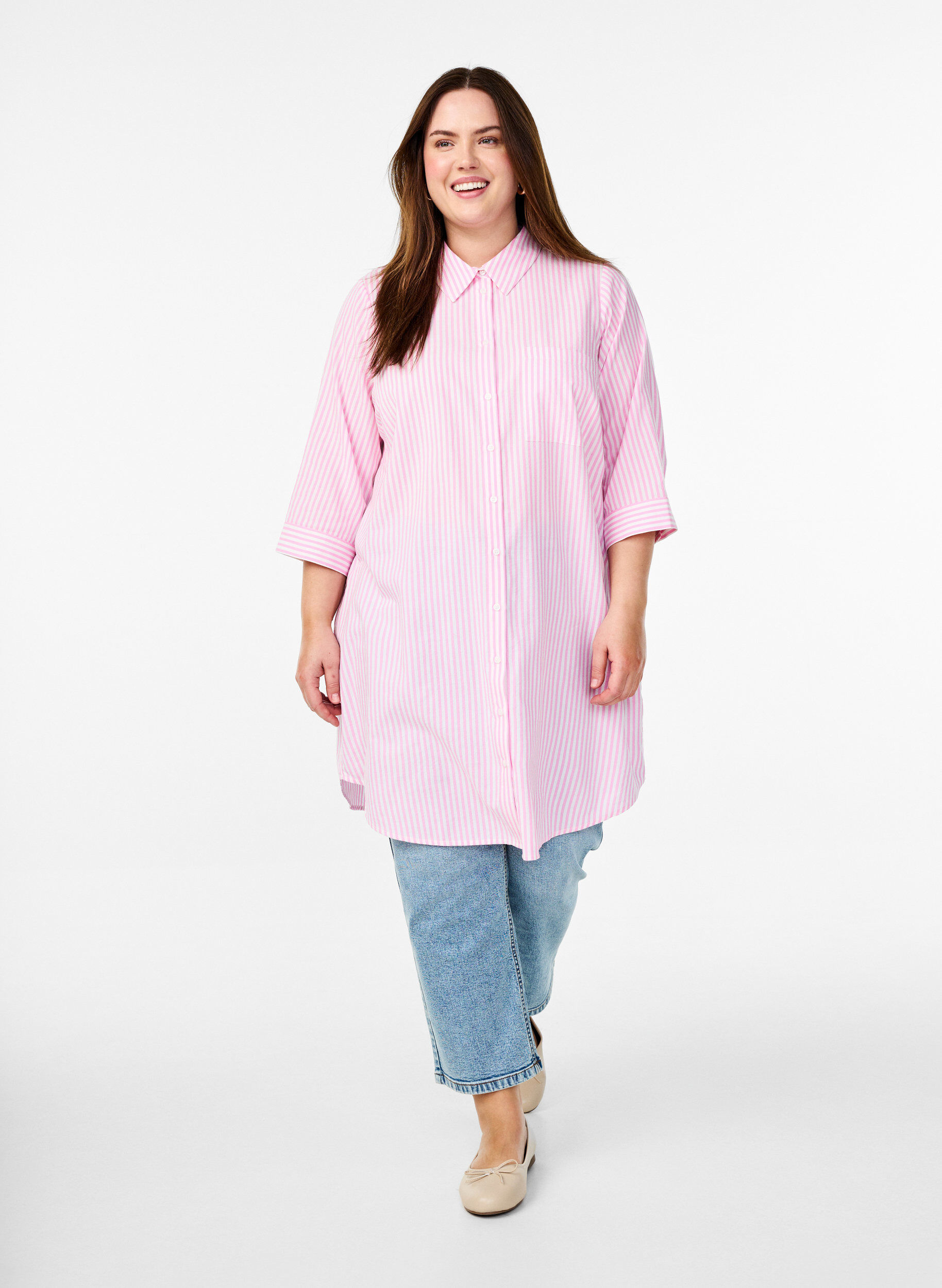 Zizzifashion Long striped shirt with 3/4 sleeves, Pink, Model image number 1