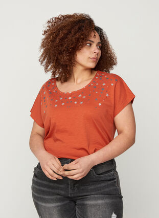 Short-sleeved cotton t-shirt with starts, Burnt Brick STARS, Model image number 0