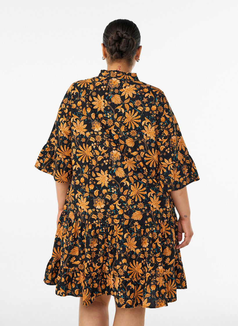 Floral cotton dress with ruffle details and a loose A-line shape, Orange, Model image number 2