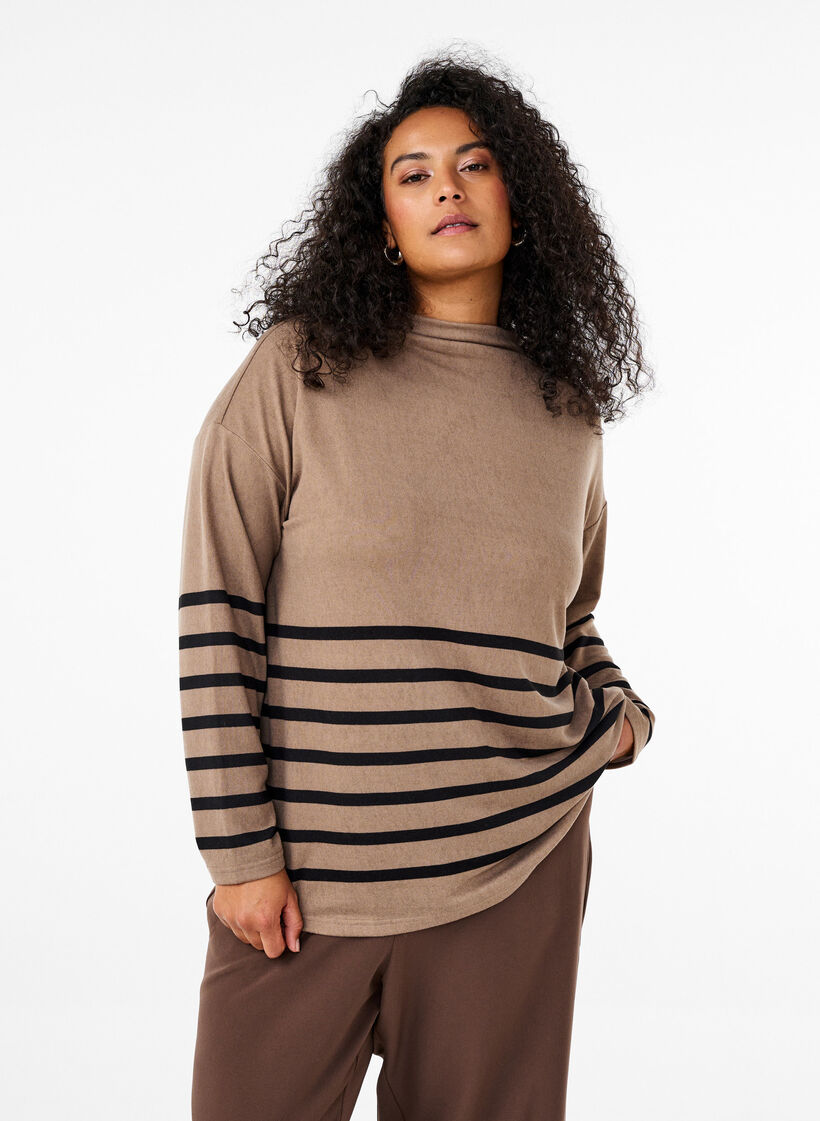 Blouse with a high neck and long sleeves, Beige, Model image number 0
