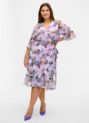 Floral wrap dress with 3/4-length sleeves, Orchid Bouquet AOP, Model image number 2