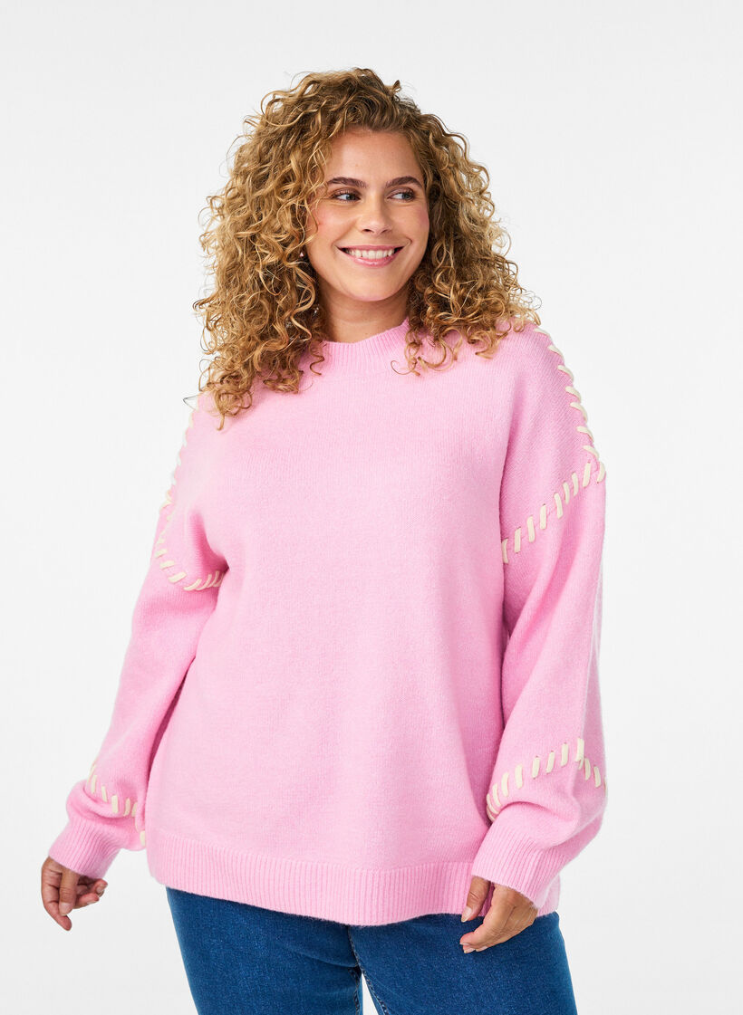 Jumper with decorative stitching, Pink, Model image number 0