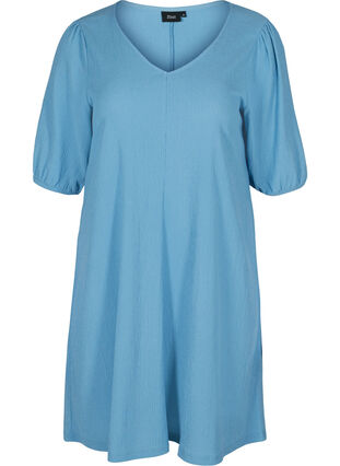Dress with puff sleeves and V-neck, Azure Blue, Packshot image number 0