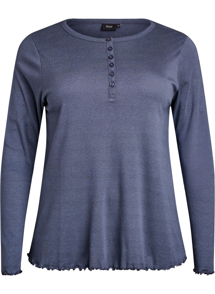 Jersey blouse with buttons and wavy edges, Grey, Packshot image number 0