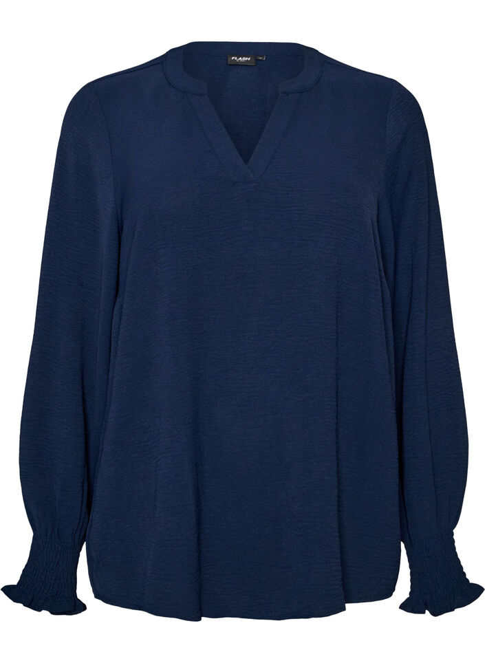 Blouse with smock cuffs and V-neck, Blue, Packshot image number 0
