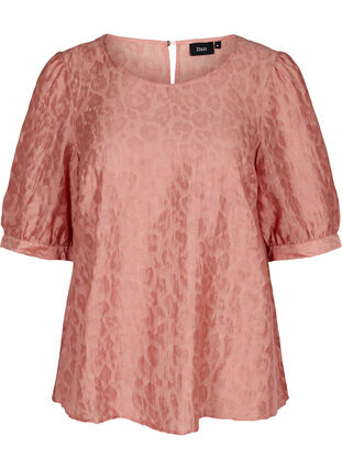 Blouse with 2/4 puff sleeves and a tone-on-tone pattern, Rose Smoke, Packshot image number 0
