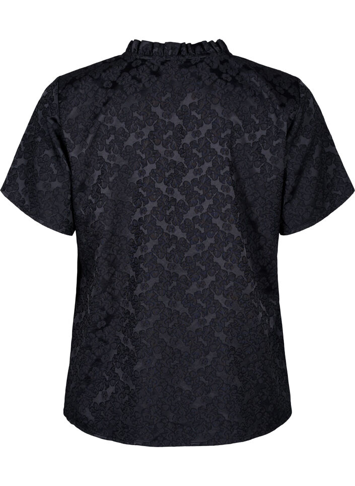 Short-sleeved jacquard blouse with ties, Black, Packshot image number 1