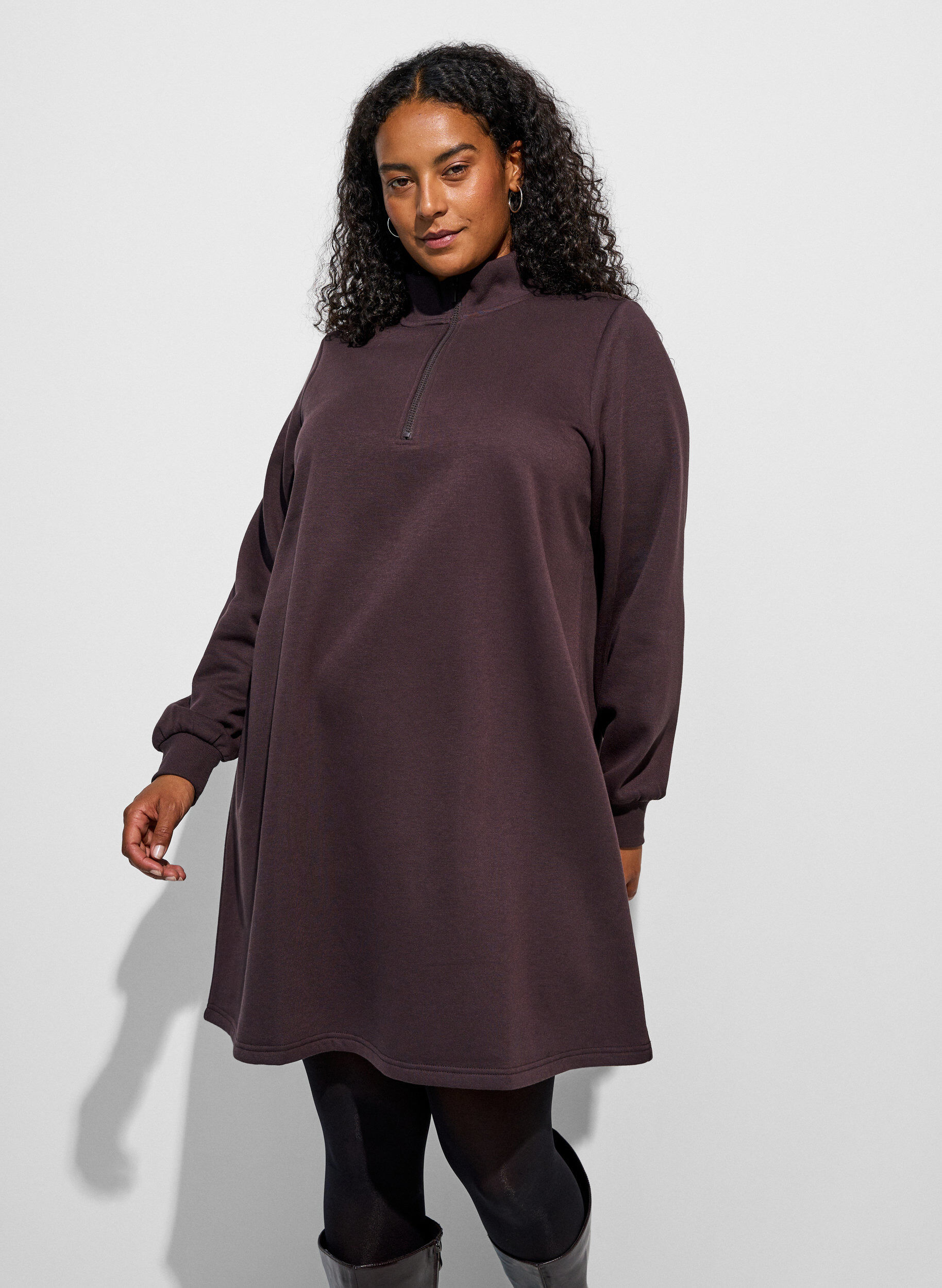 ZizzifashionSweatshirt dress with a high ribbed collar and zip, Brown, Model image number 0