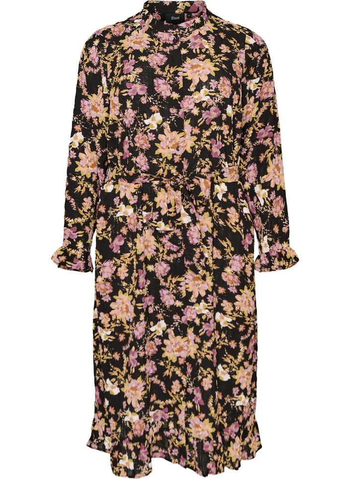 Midi dress with floral print and detachable tie belt, Black, Packshot image number 0