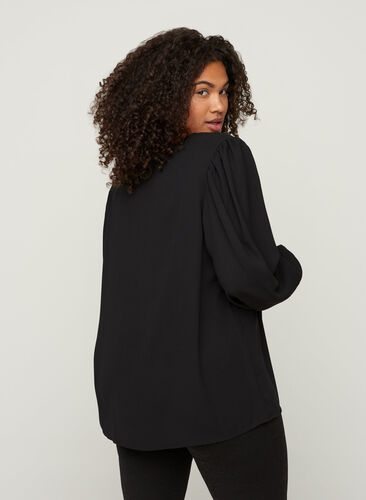 Blouse with a V-neck and lace trim, Black, Model image number 1