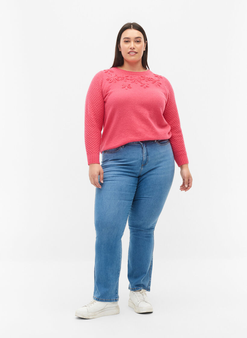 Knitted jumper with flower details, Hot Pink, Model image number 3