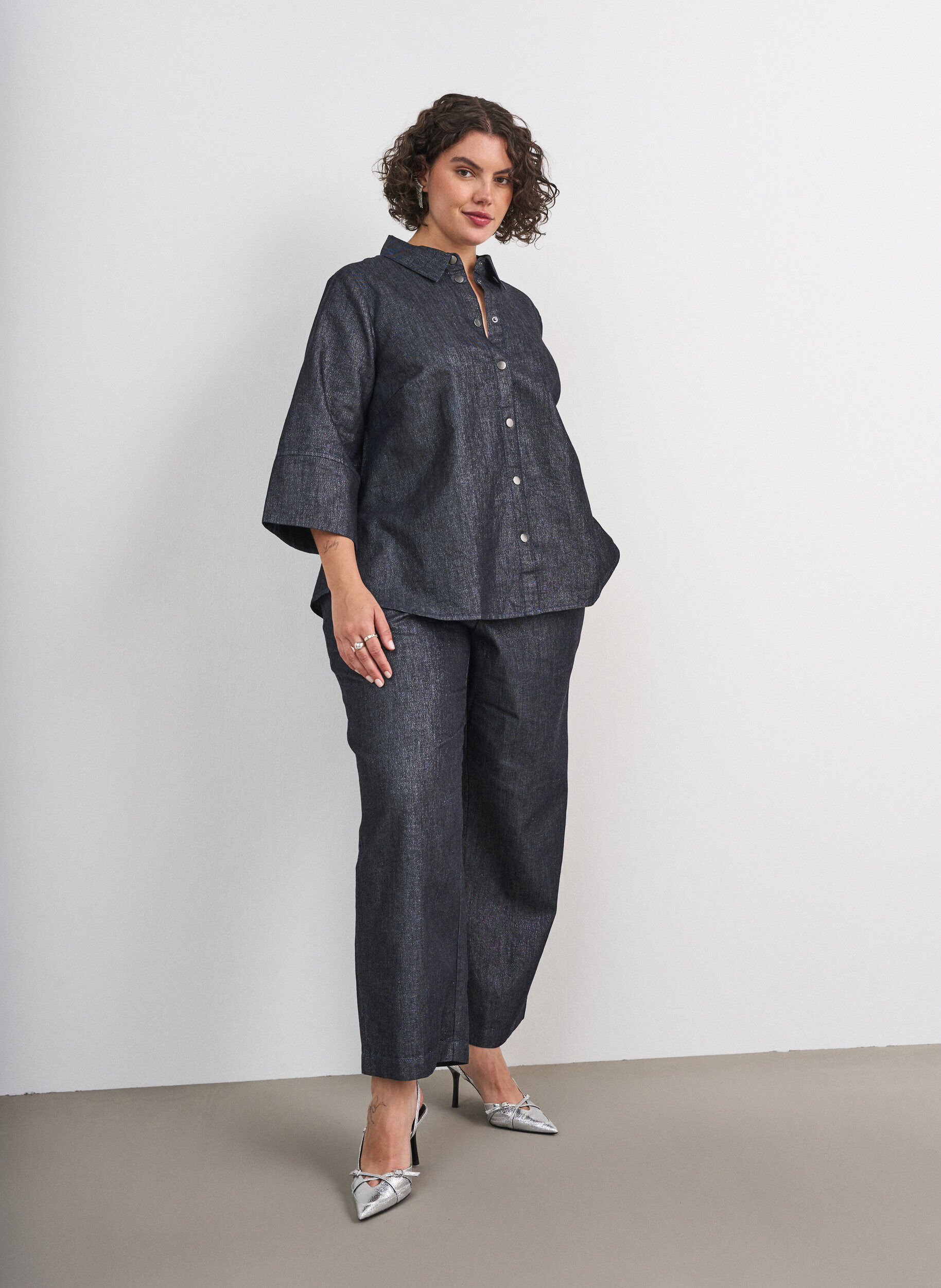 ZizzifashionDenim shirt with glitter thread and 3/4 sleeves, Dark Grey, Model image number 1