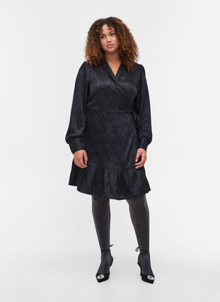 Long-sleeved, patterned wrap dress, Black, Model image number 2