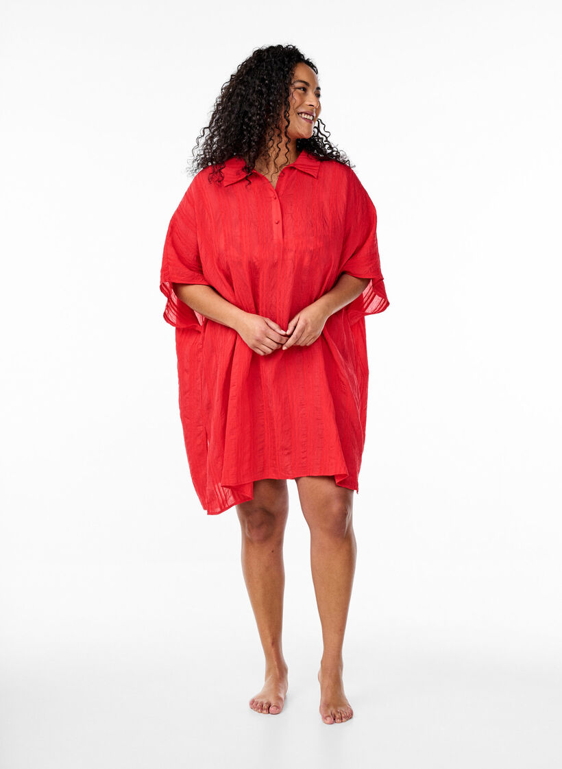Beach kaftan with collar and button closure, Red, Model image number 1