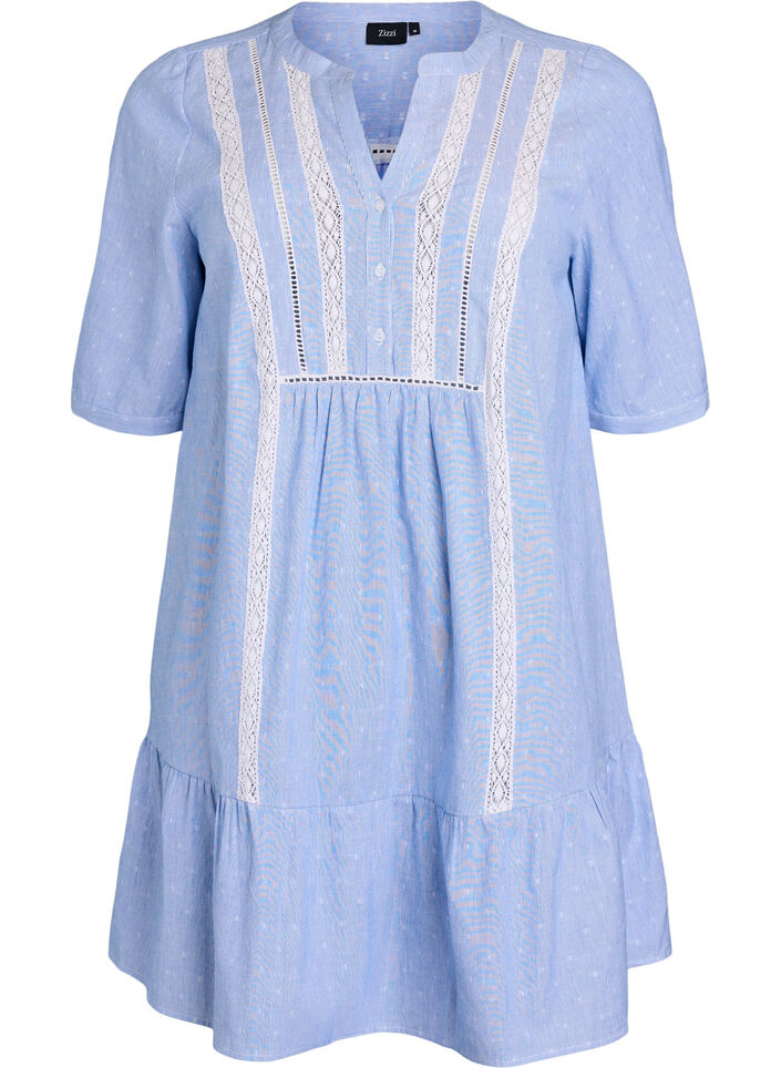 Short dress with lace ribbons and A-line shape, Blue, Packshot image number 0