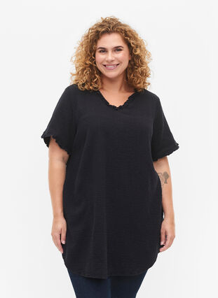 Short-sleeved cotton tunic with ruffles, Black, Model image number 0