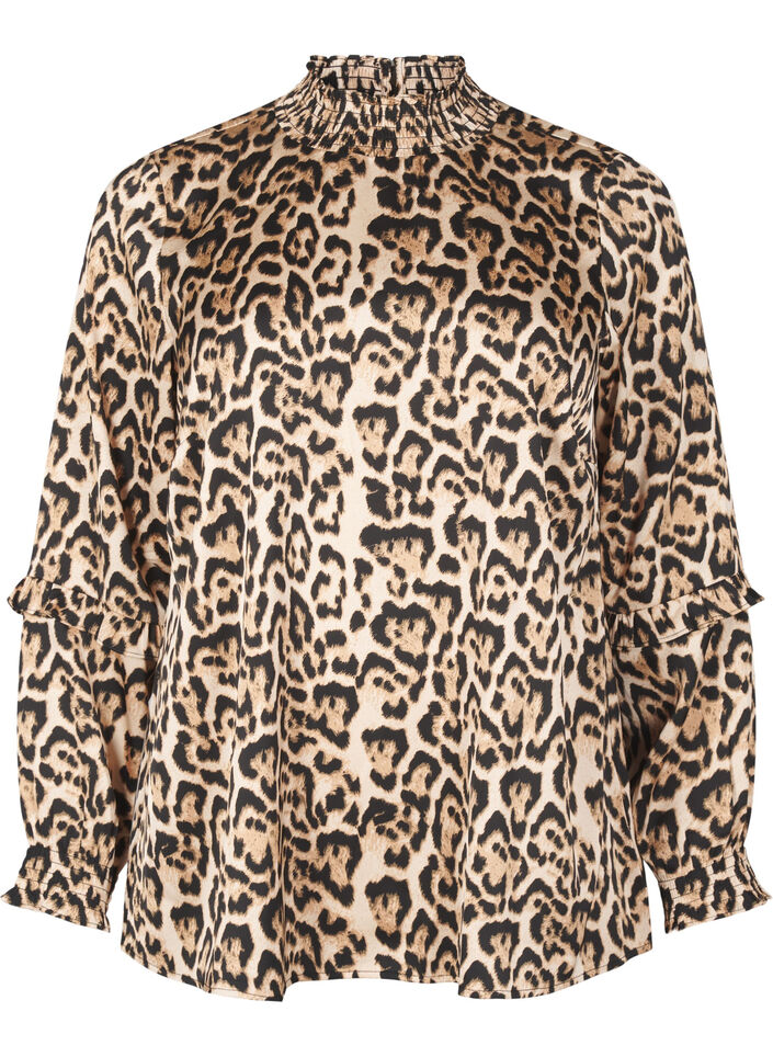 Smocked leopard print blouse, Brown, Packshot image number 0