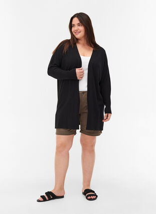 Knit cardigan with slits and rib, Black, Model image number 2