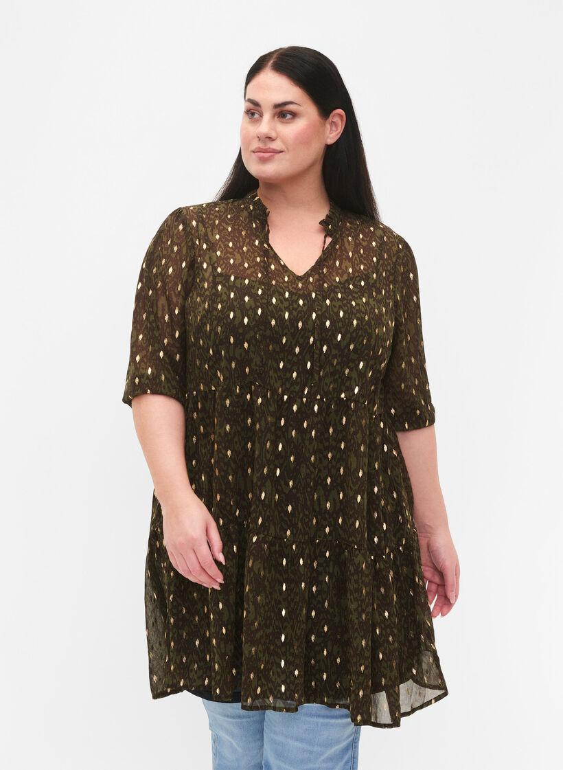 Tunic with print and lurex, Green Ethnic AOP, Model image number 0