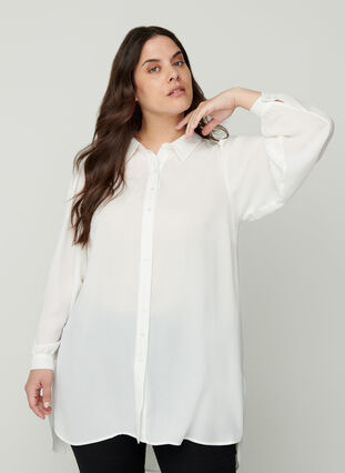 Long shirt with slightly puff sleeves, Bright White, Model image number 0
