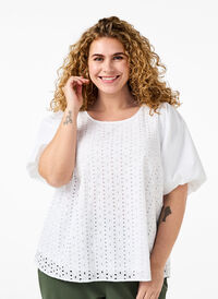 Blouse with puffed sleeves and lace pattern, Bright White, Model