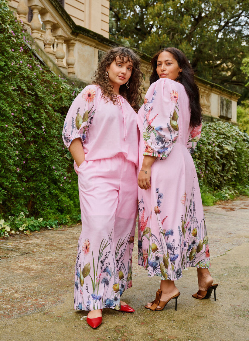 Trousers with floral print and wide legs, Pink, Image