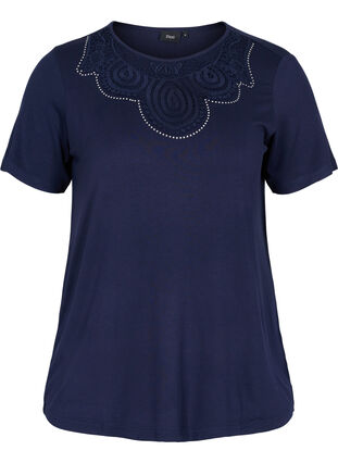 Short-sleeved viscose t-shirt with lace details, Navy Blazer, Packshot image number 0