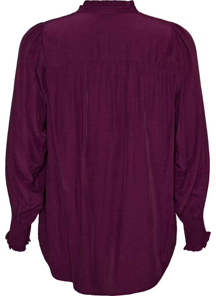 Blouse with ruffle collar and ruching, Purple, Packshot image number 1