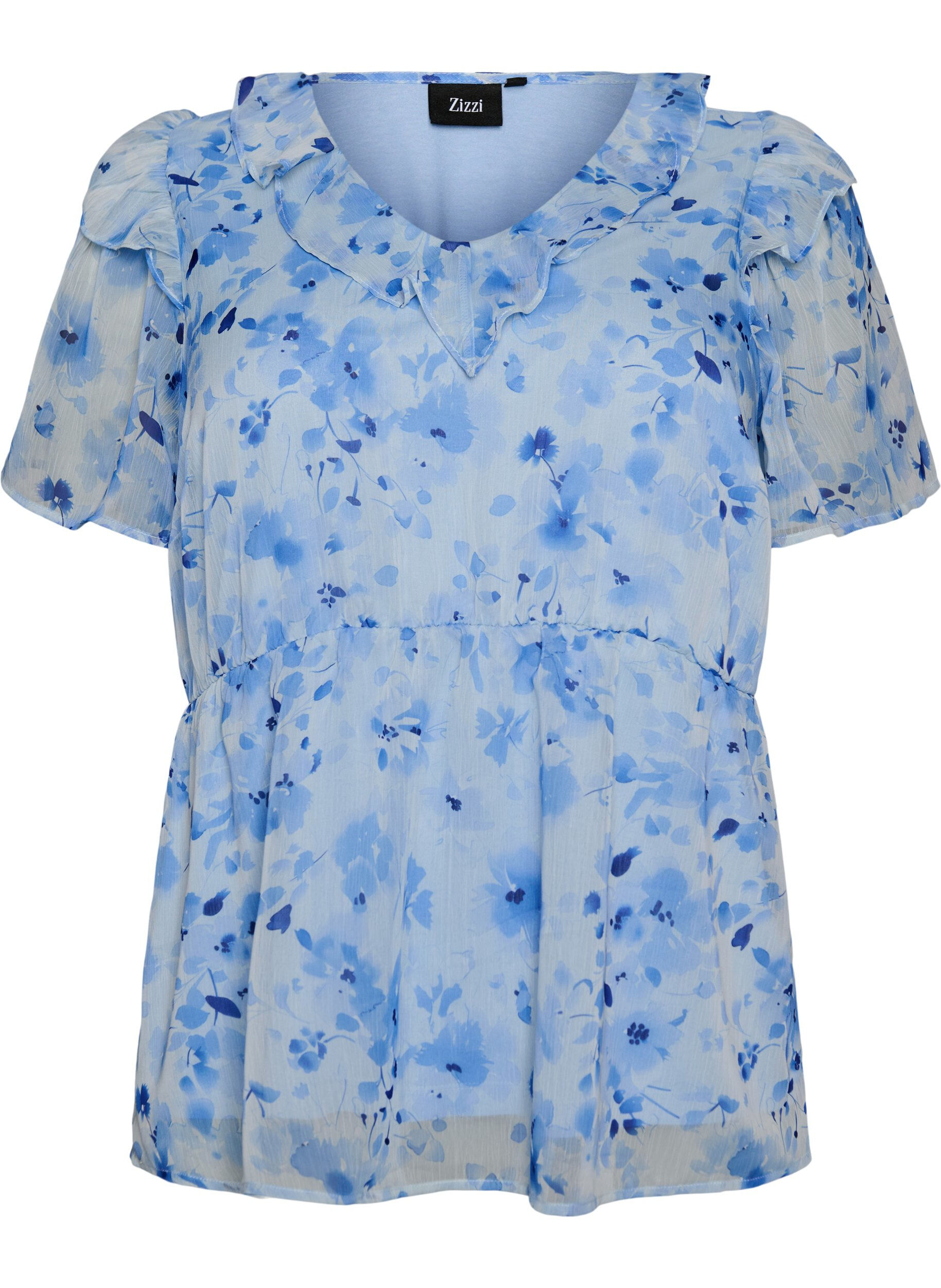 Floral blouse with a frill collar and peplum effect