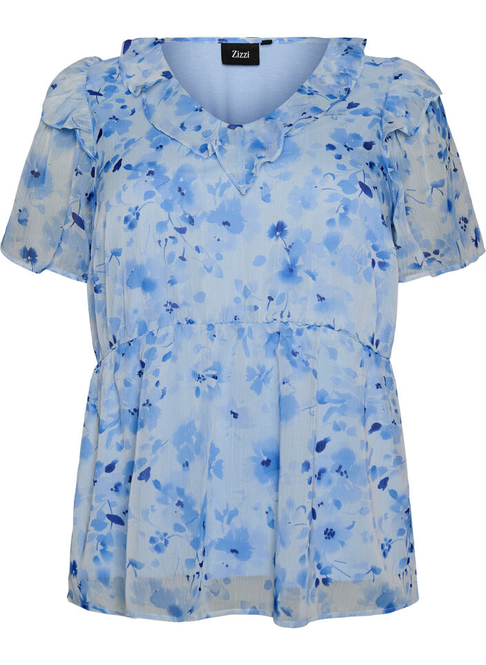 Floral blouse with a frill collar and peplum effect, Blue, Packshot image number 0