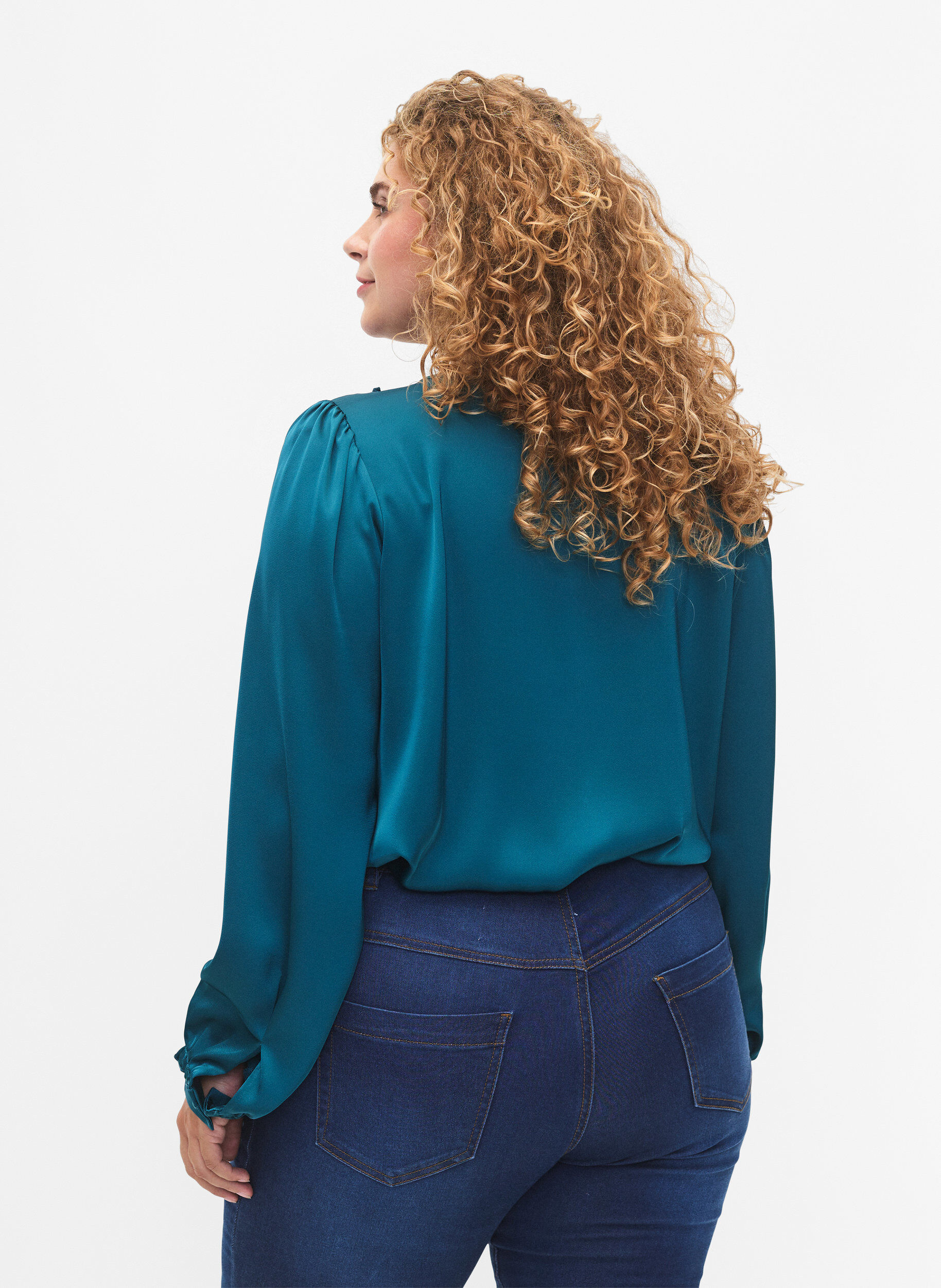 Zizzifashion Satin shirt blouse with ruffle details, Shaded Spruce, Model image number 1