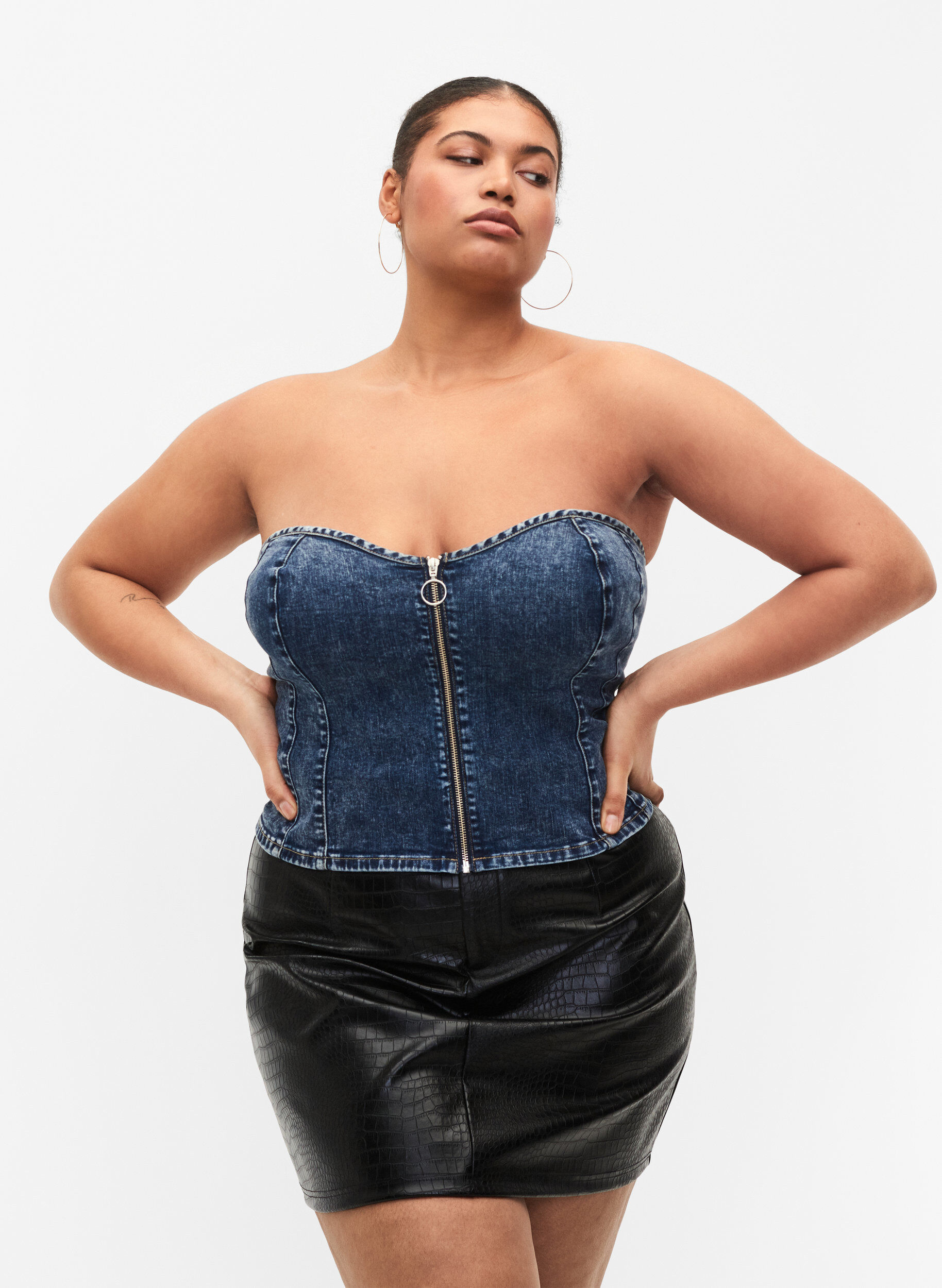 Zizzifashion Denim corset top with zip, Blue denim, Model image number 0