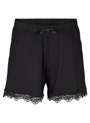 Viscose pyjama shorts with lace trim, Black, Packshot image number 0
