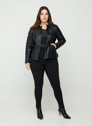 Short leather jacket with a zip, Black, Model image number 2