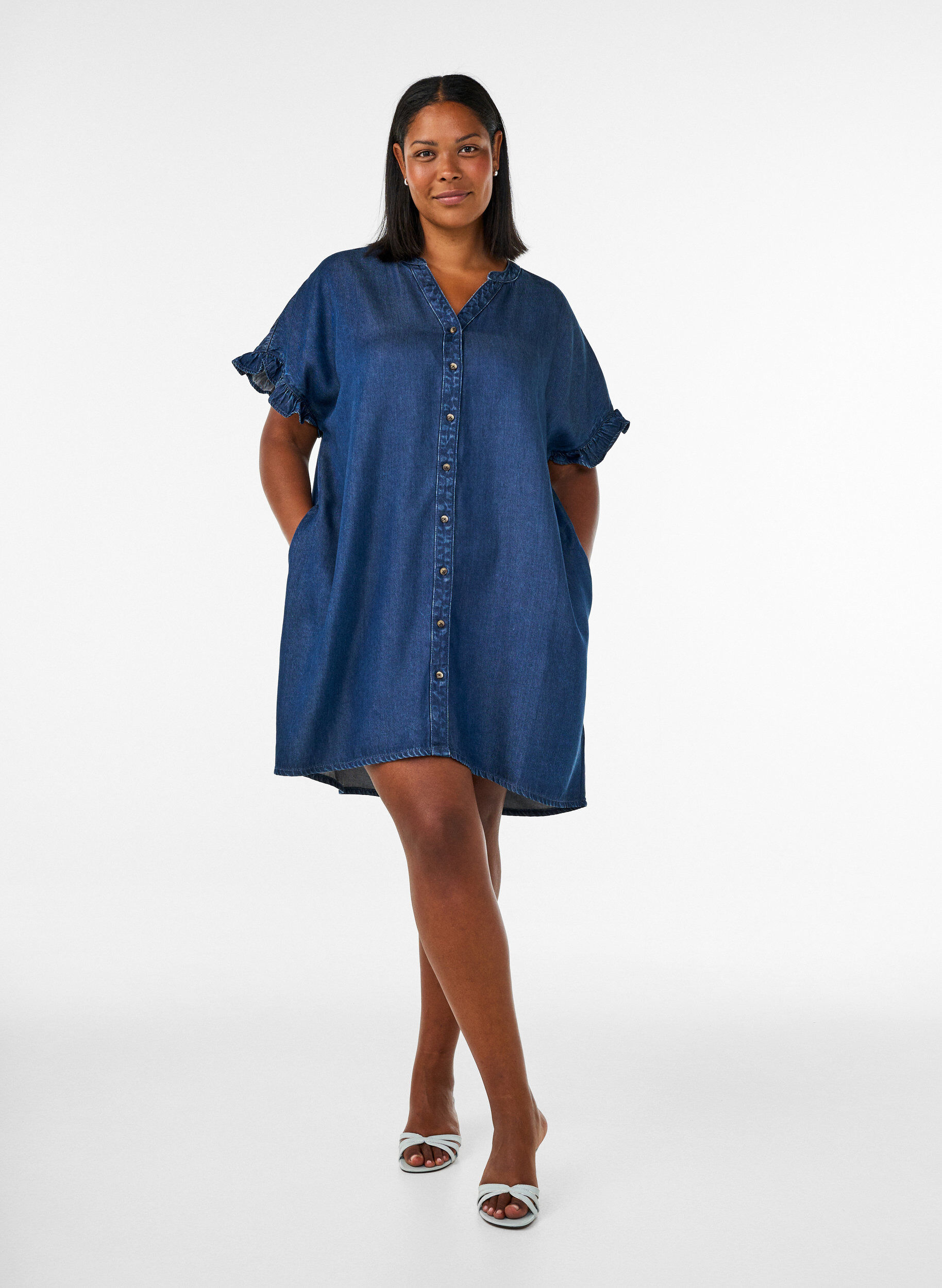 ZizzifashionDenim-look dress with button fastening and ruffle sleeves, Blue, Model image number 1