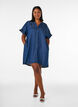 Denim-look dress with button fastening and ruffle sleeves, Blue, Model image number 1