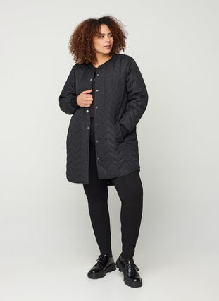 Long quilted jacket with button fastening, Black, Model image number 2