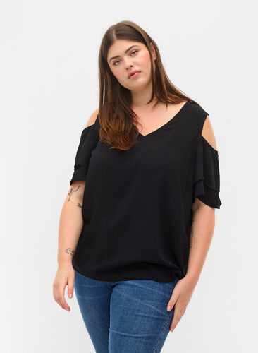 Short sleeved blouse in viscose, Black, Model image number 0