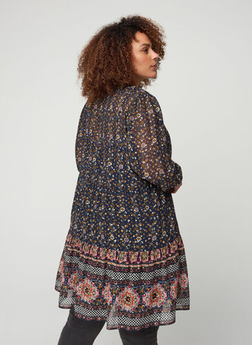 Floral tunic with 3/4-length sleeves and tie detail, Navy Blazer AOP, Model image number 1
