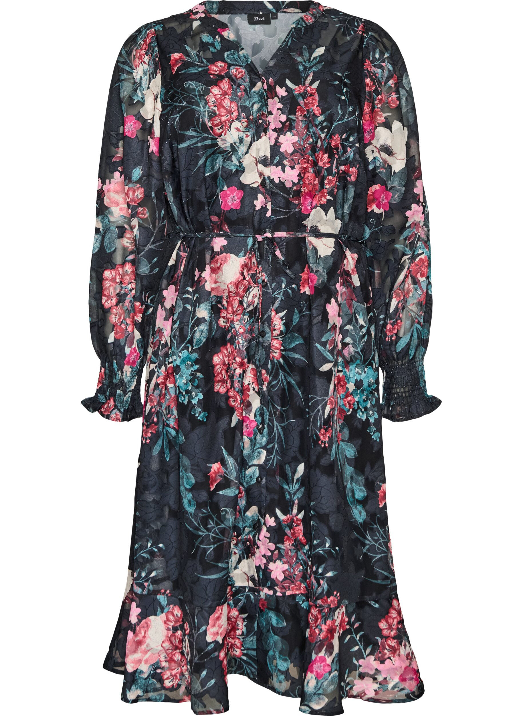 ZizzifashionFloral midi dress with woven texture and tie-belt, Black, Packshot image number 0