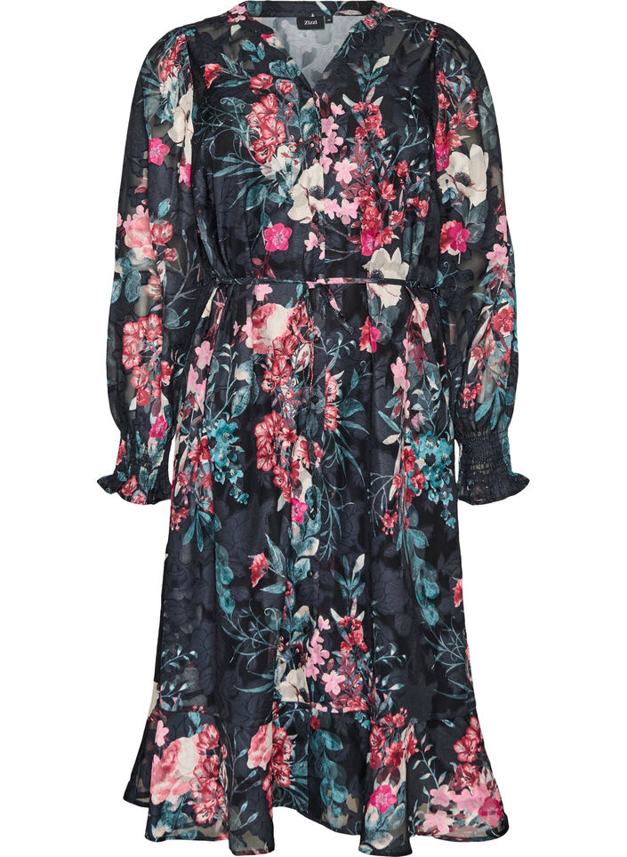 Floral midi dress with woven texture and tie-belt, Black, Packshot image number 0