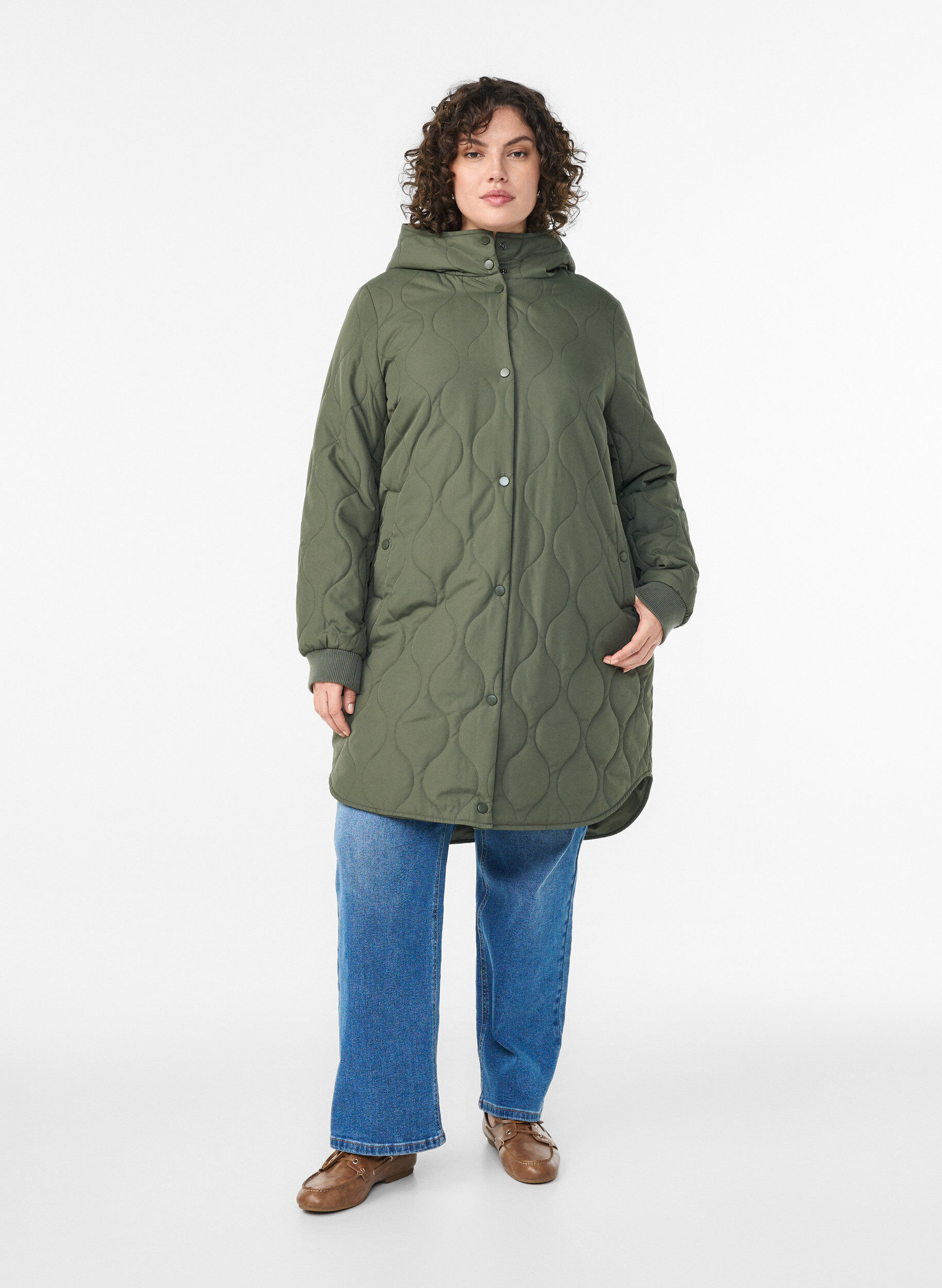 ZizzifashionMid-length quilted jacket with a hood, Green, Model image number 1