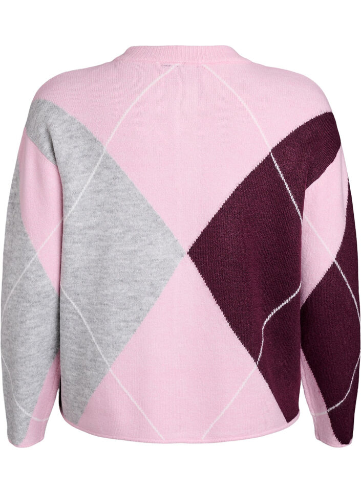 Cardigan with argyle pattern and round neck, Rose, Packshot image number 1