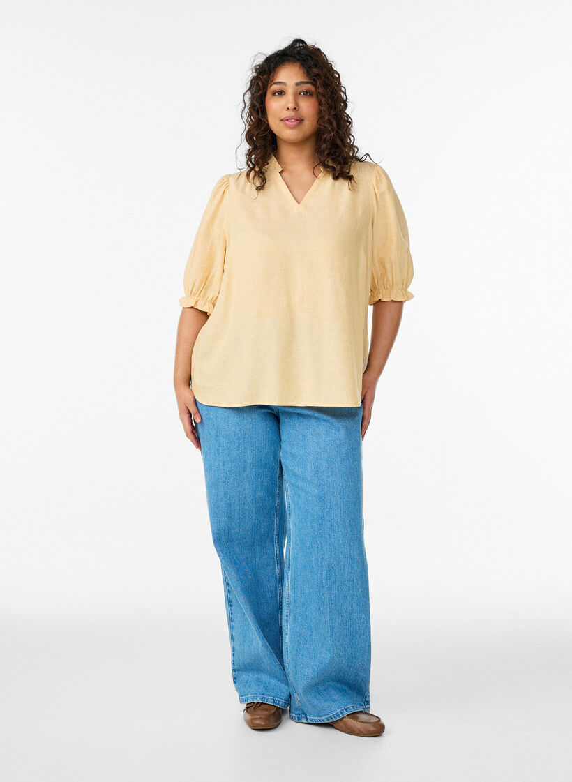 Blouse in linen and viscose with 1/2 sleeves, Yellow, Model image number 1