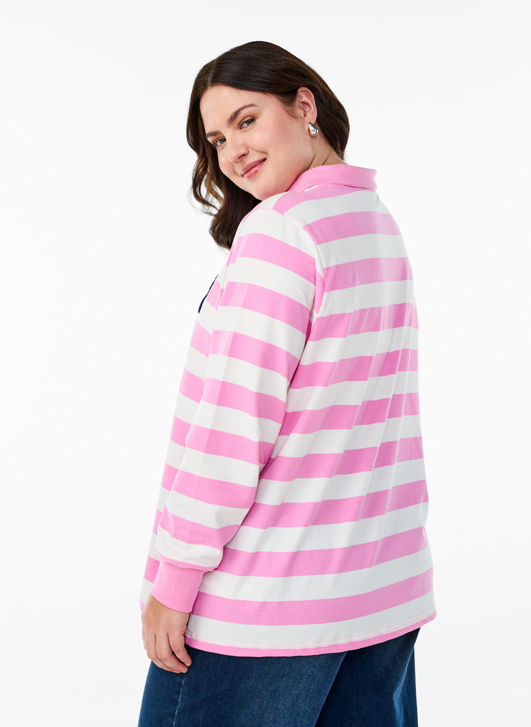 Zizzifashion Striped polo shirt with terry detailing, Bubblegum w. White, Model image number 1