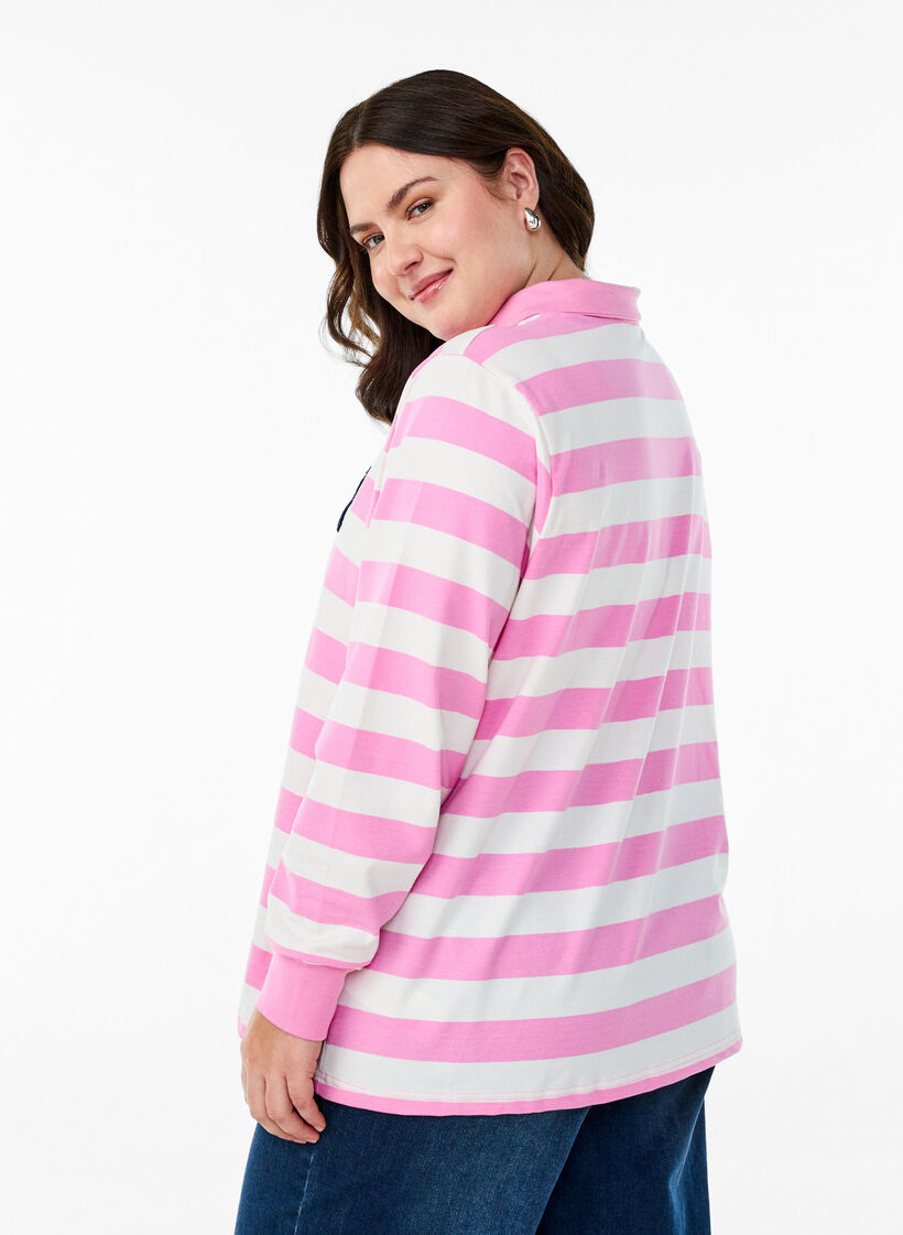 Striped polo shirt with terry detailing, Bubblegum w. White, Model image number 1