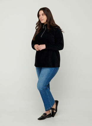 High neck velour blouse with zip, Black, Model image number 3
