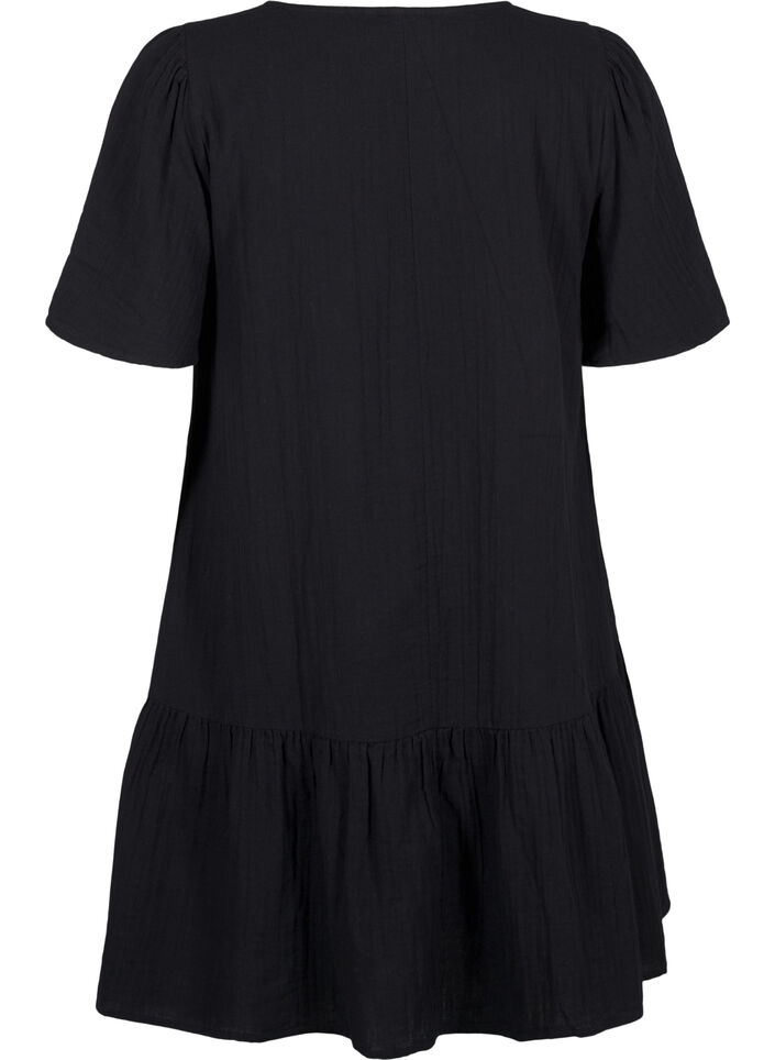 Cotton short-sleeved dress with a-line cut, Black, Packshot image number 1
