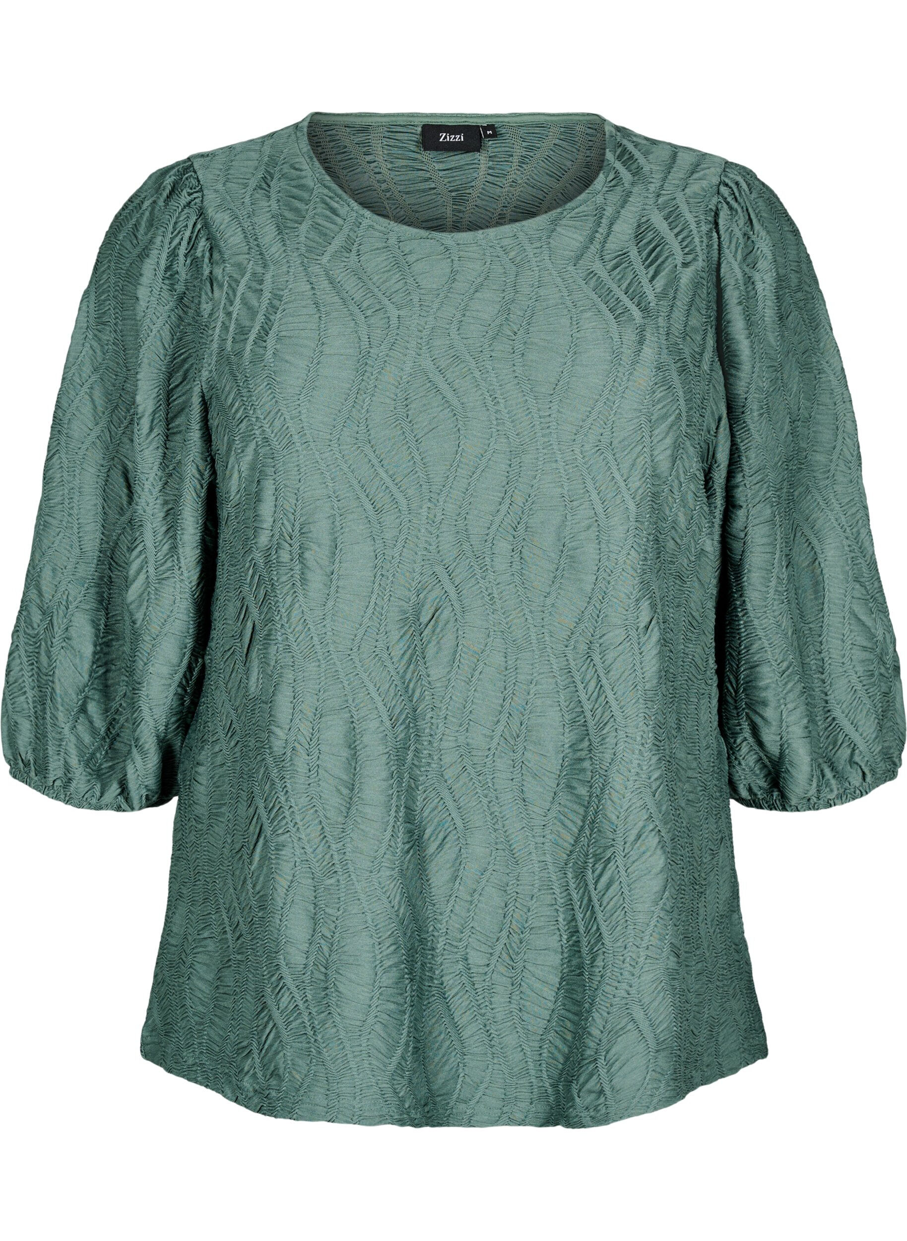 Zizzifashion Blouse with texture and 3/4 sleeves, Green, Packshot image number 0